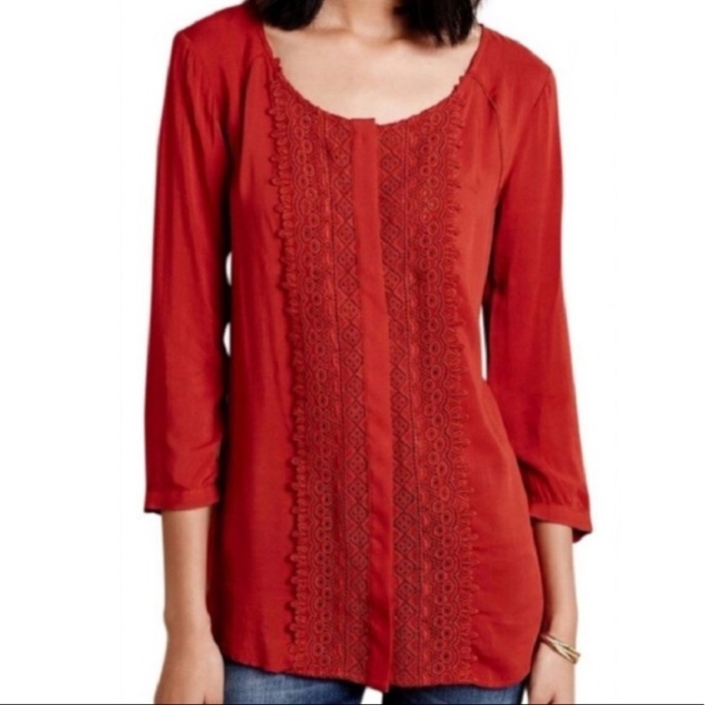anthro | maeve crescent street blouse rust red crochet lace placket 6